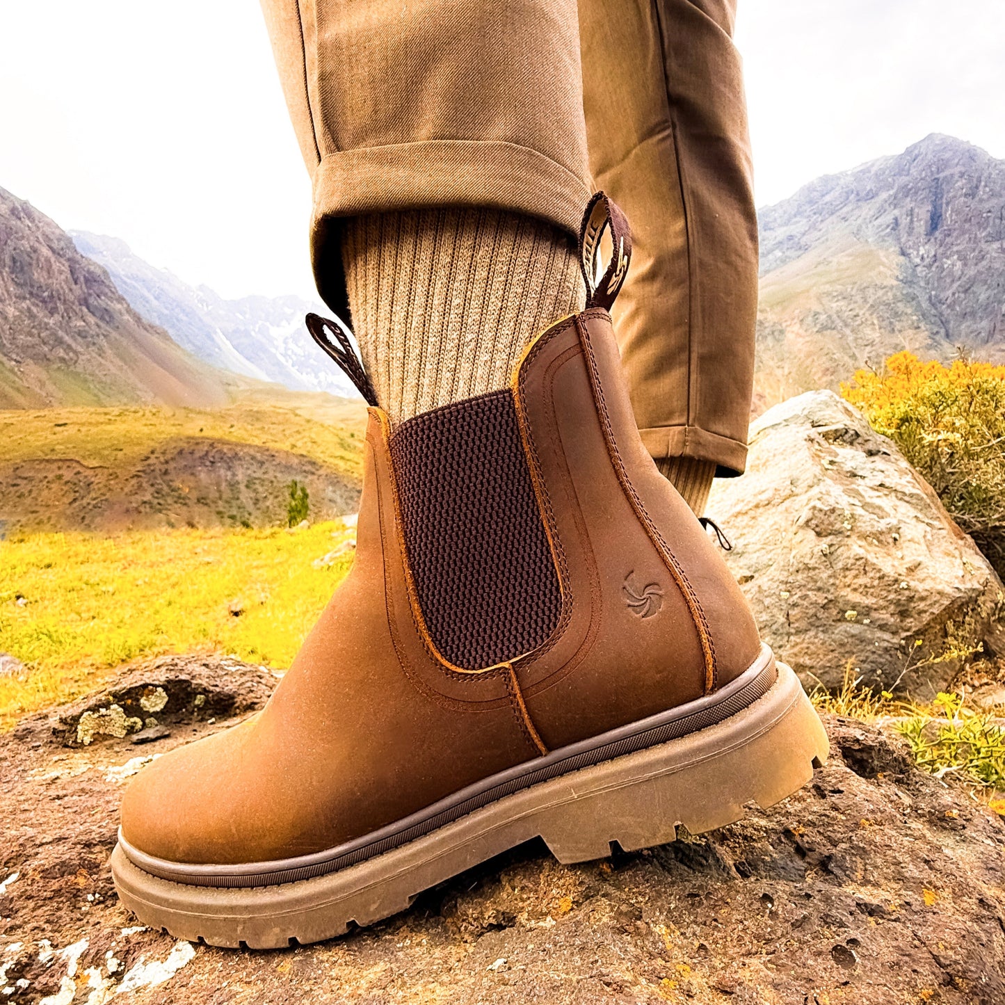 Brown Chelsea boot on a rocky surface with mountains in the background