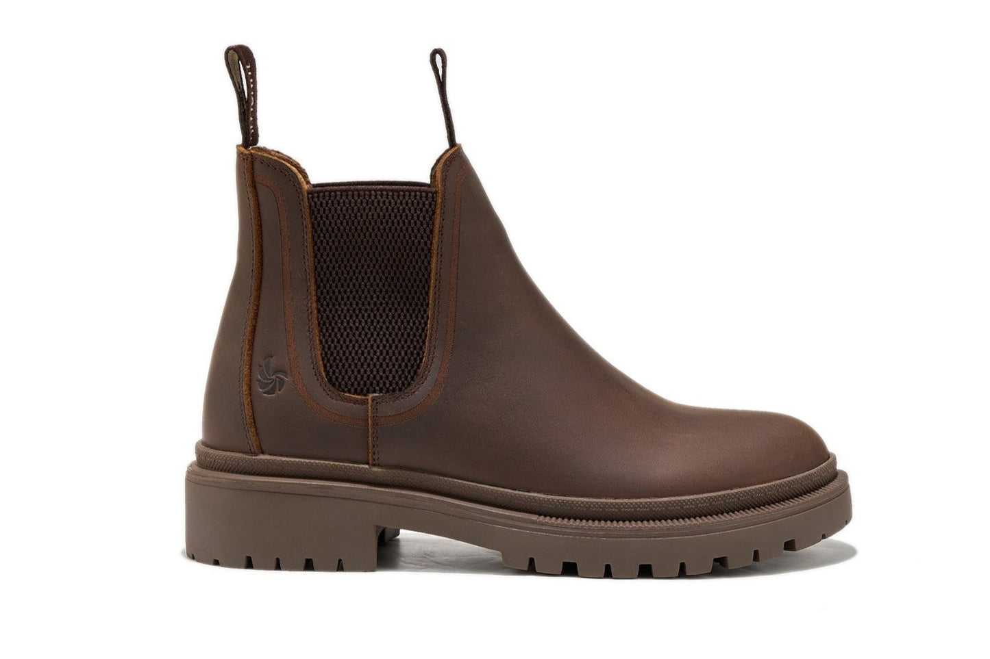 Women’s brown outdoor chelsea boot, side view on a white background.