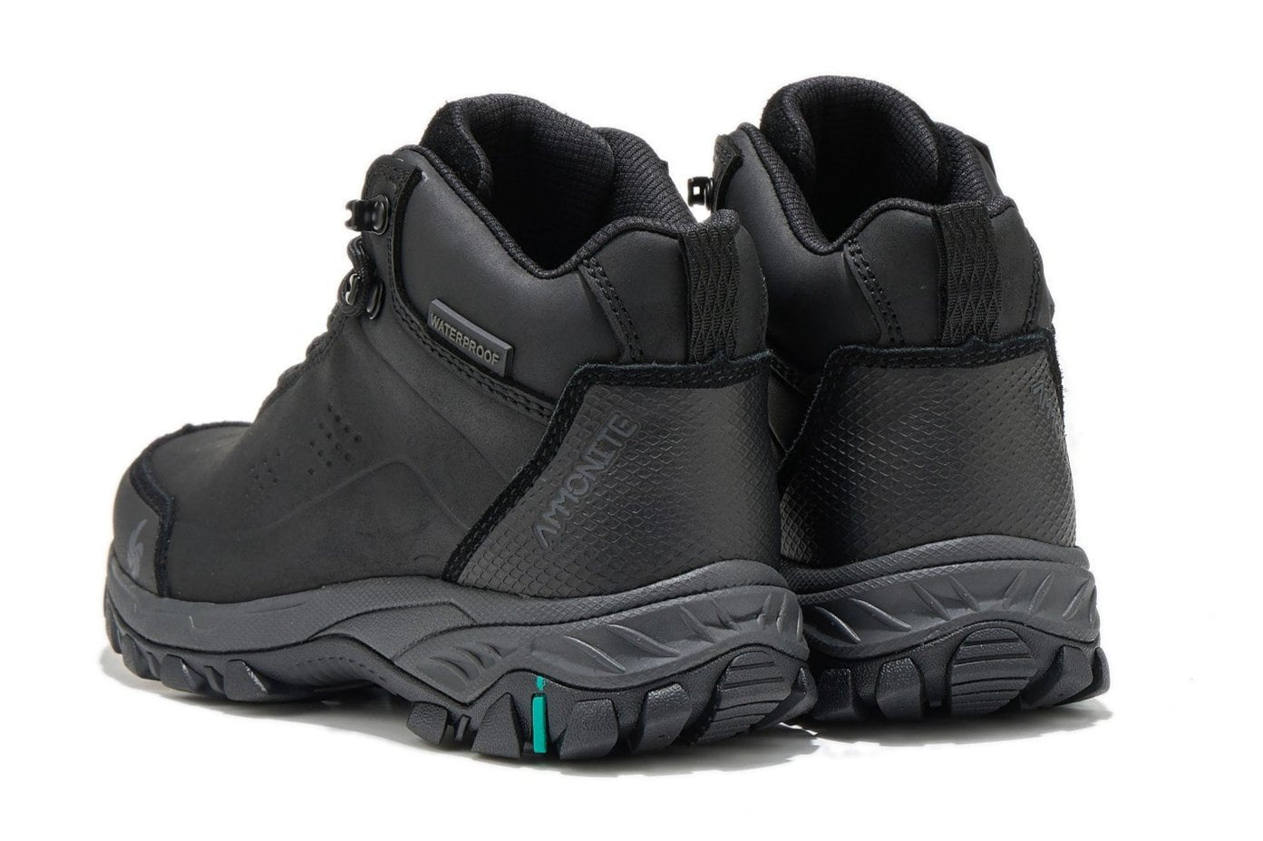 Black waterproof hiking boots, back view on a white background.