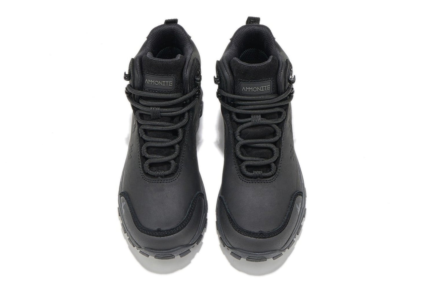 Top down view of black waterproof hiking boots for women, showing stylsh design on a white background.