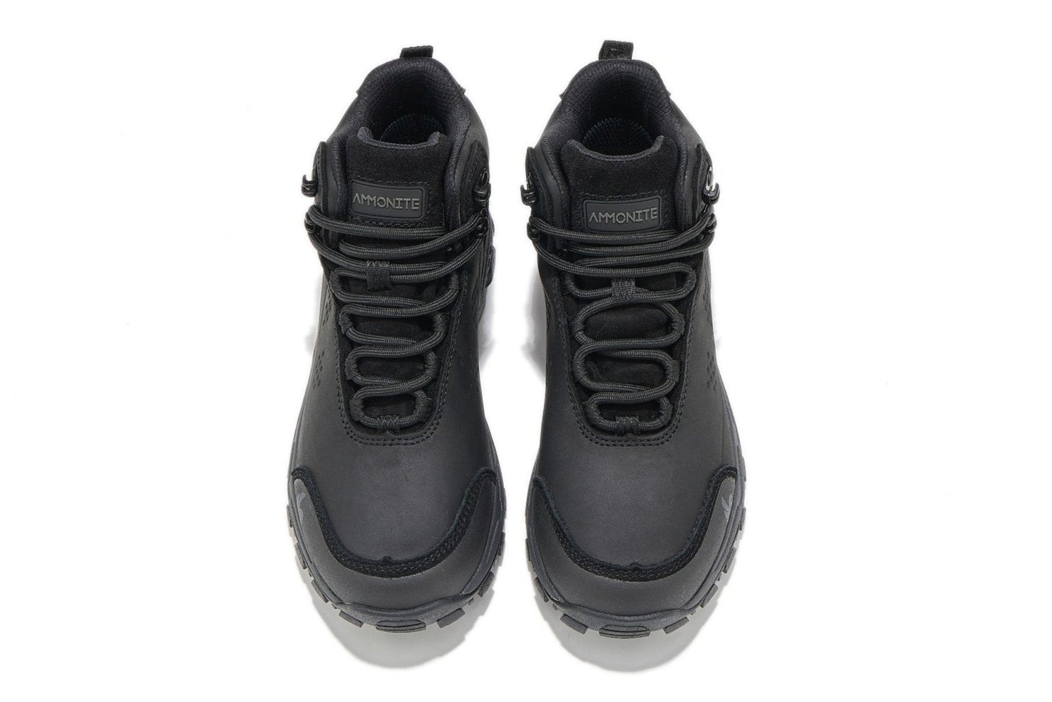 Top down view of black waterproof hiking boots for women, showing stylsh design on a white background.