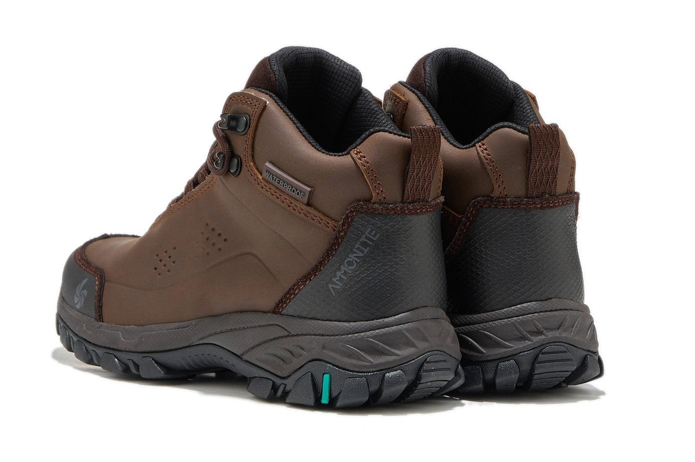 Brown hiking boots for women, back view on a white background.