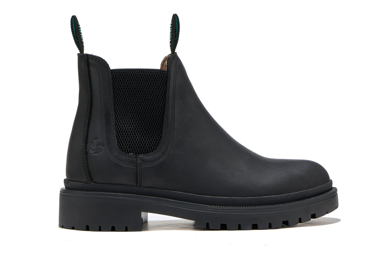 Women’s black outdoor chelsea boot, side view on a white background.