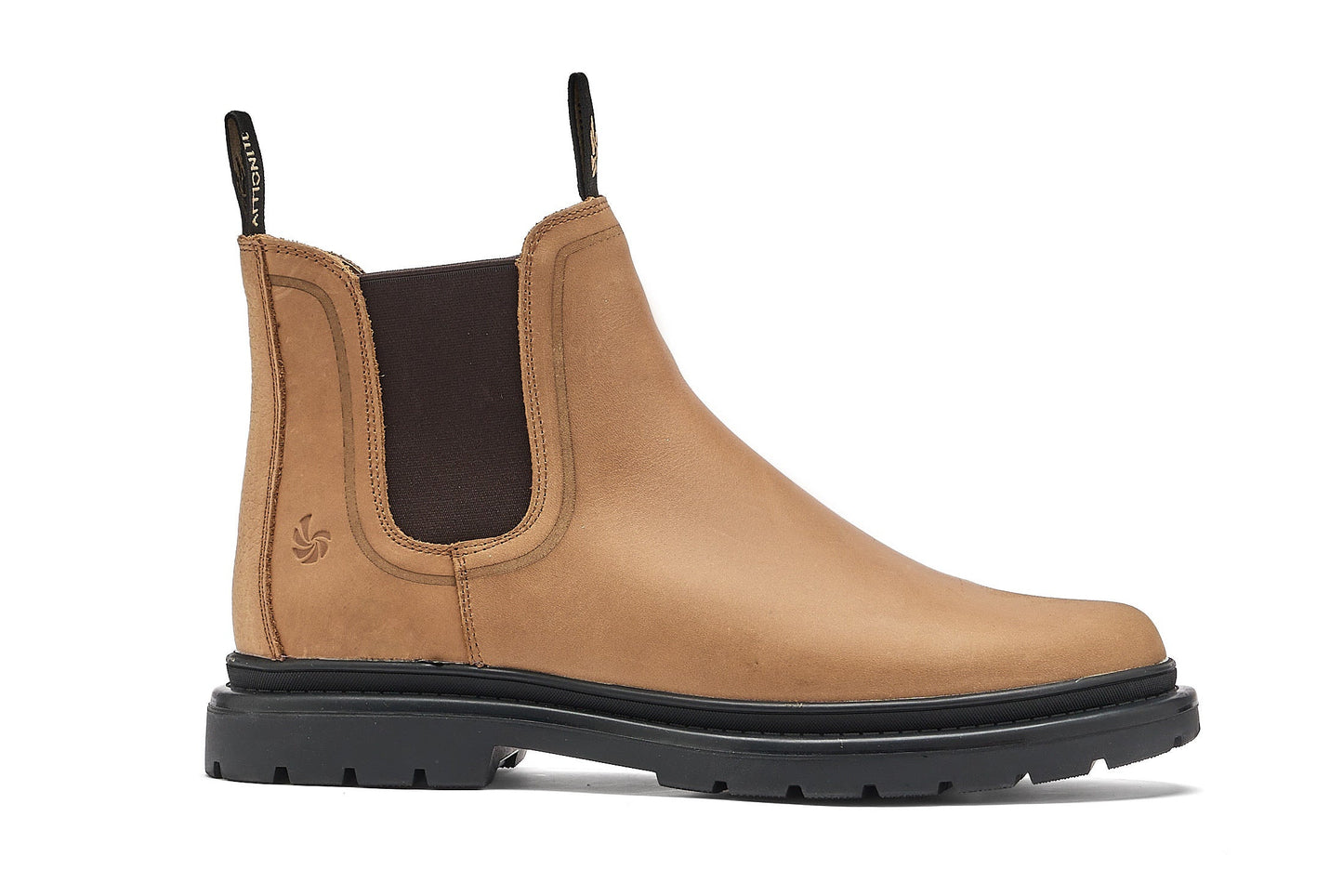 Right light brown chelsea boot on a white background