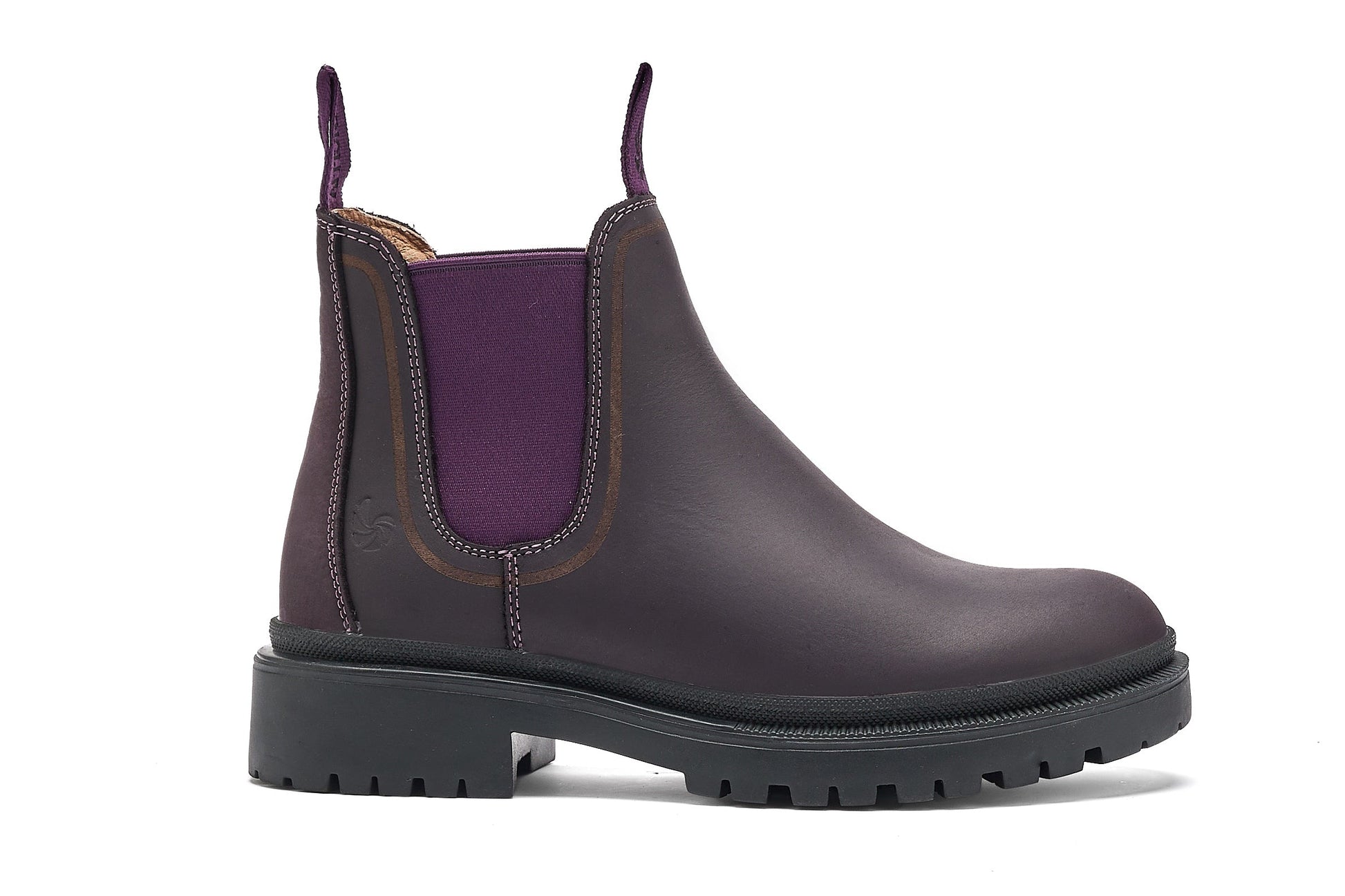 Purple chelsea boot with a white background